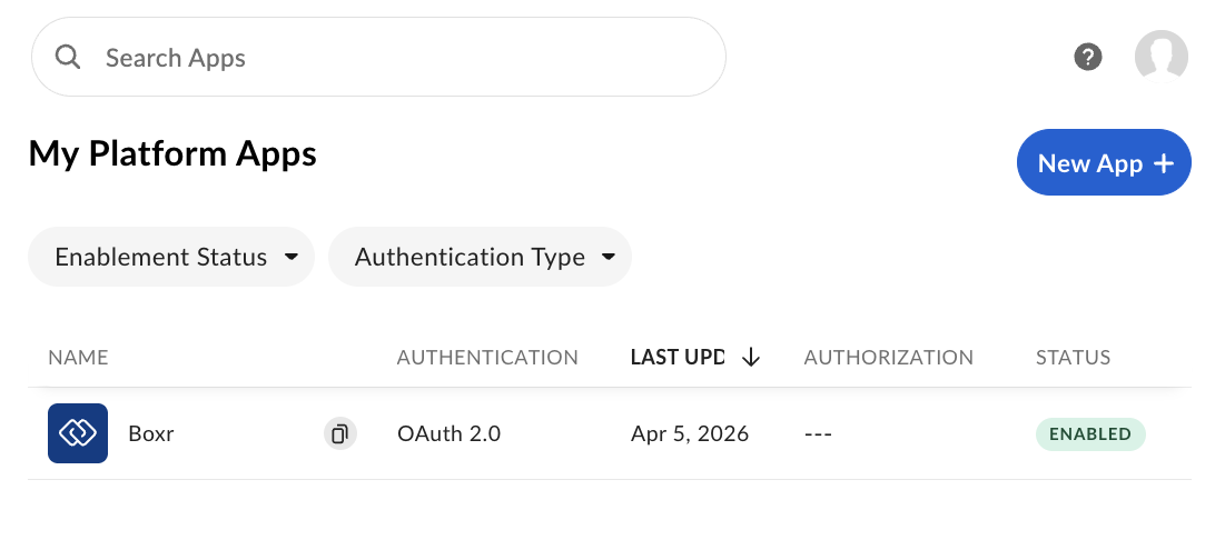 Box app listed in developer console