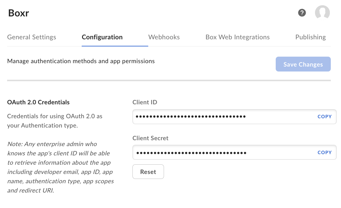 Box configuration section for redirect URI
