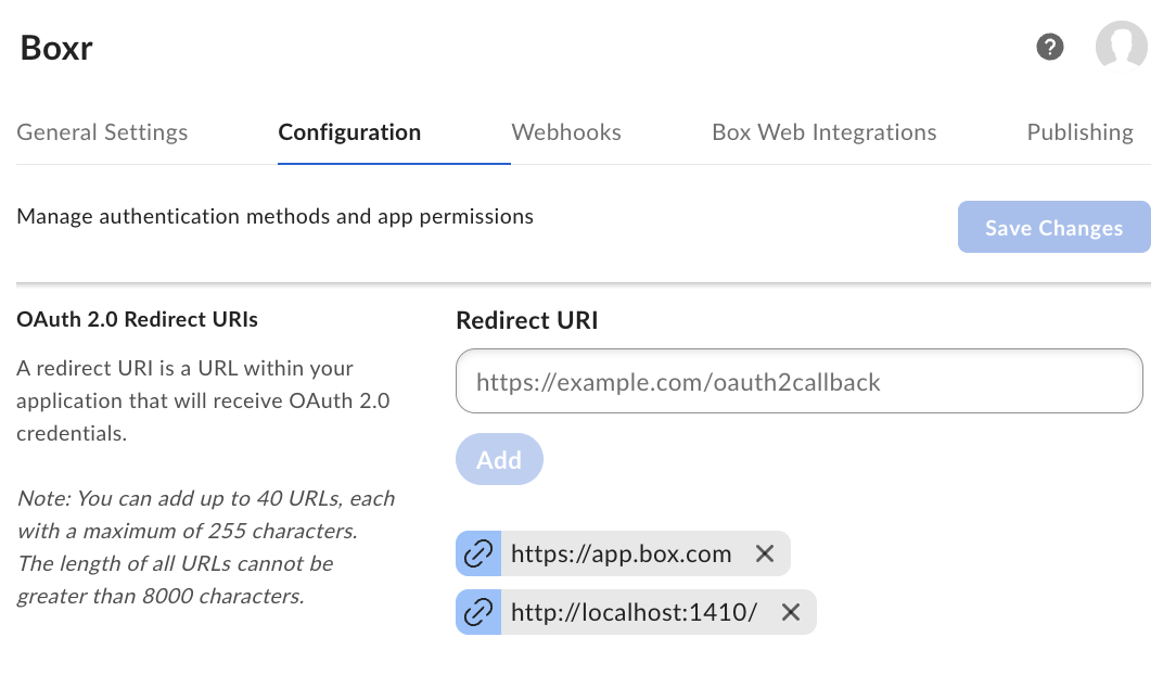 Box configuration section for redirect URI