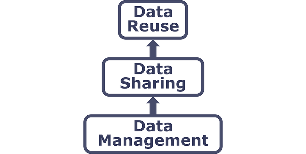Small diagram of three boxes connected by two, one-way arrows. The boxes (from first in the path to last) are labeled 'Data Management', 'Data Sharing', and 'Data Reuse', respectively