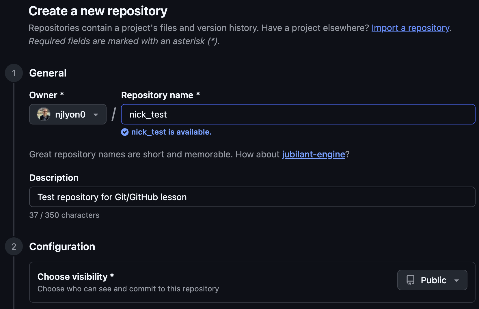 Screen capture of the top half of the page on GitHub that allows a user to create a new repository