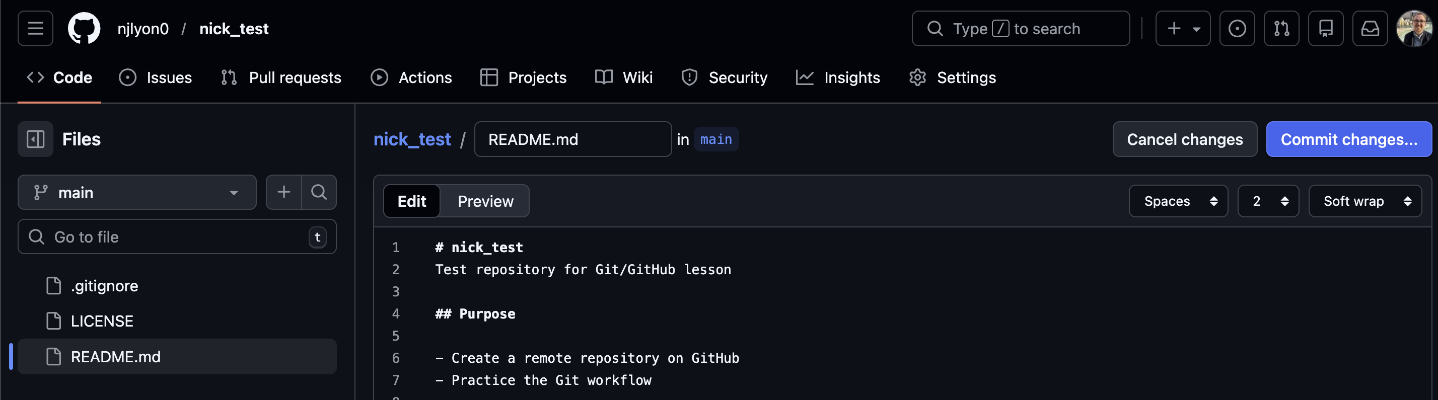 Screen capture of the page in GitHub that appears when you edit a file in a repository directly through GitHub's web interface