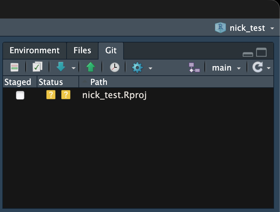 Screen capture of the Git pane in RStudio