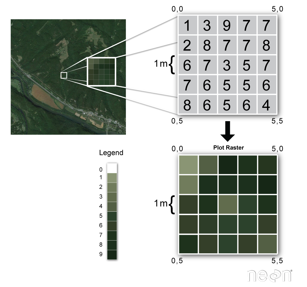 Satellite picture (raster) of a forest with an inset showing how the pixels in that image relate to information stored in each pixel