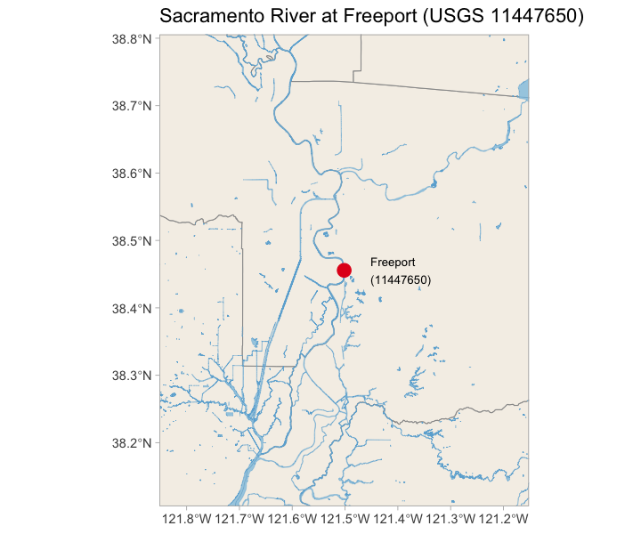 Map showing Sacramento River at Freeport (USGS 11447650) marked along the Sacramento River south of Sacramento city, with water channels shown in blue.