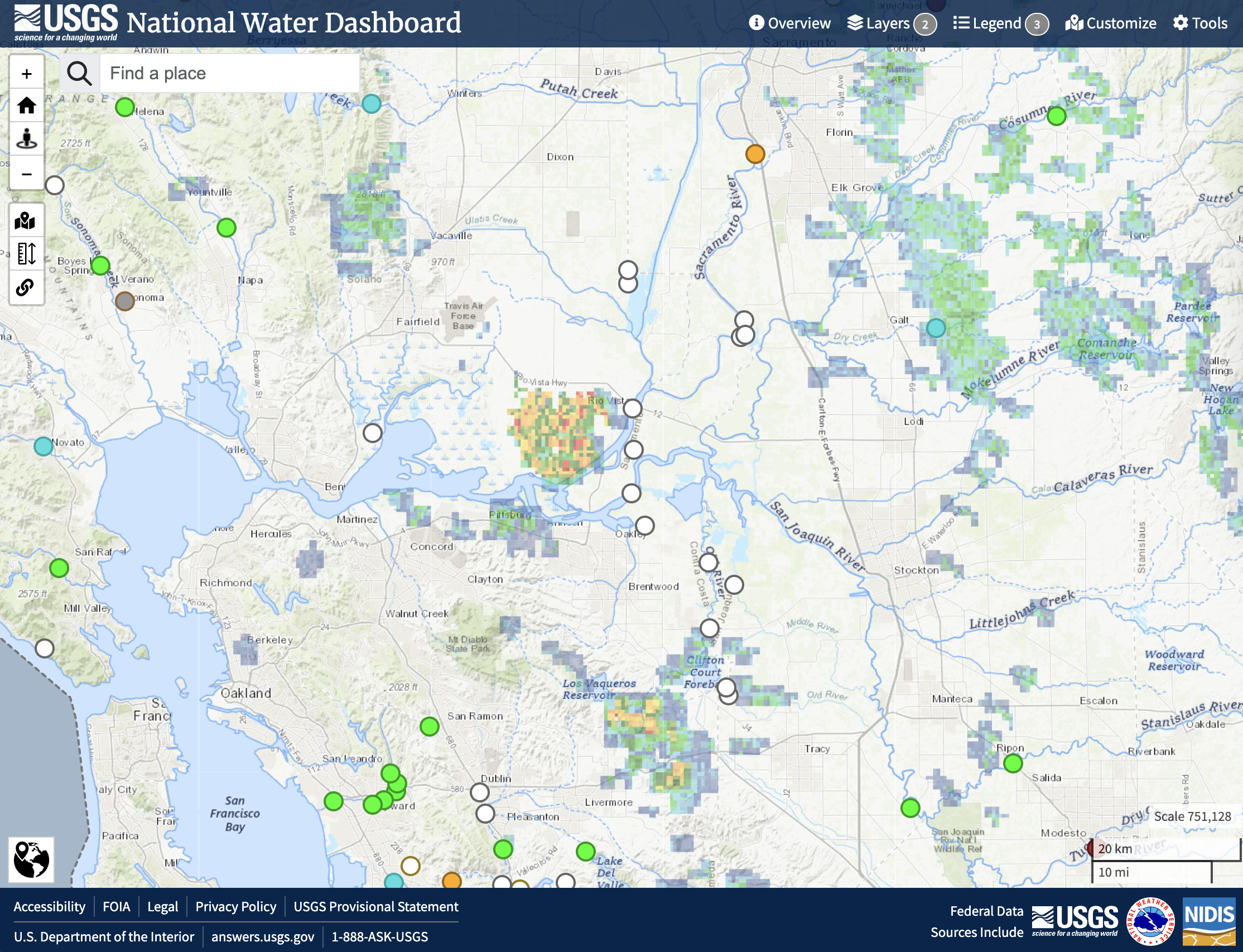 Screenshot of the USGS National Water Dashboard showing monitoring stations (circles) across the Sacramento-San Joaquin Delta.