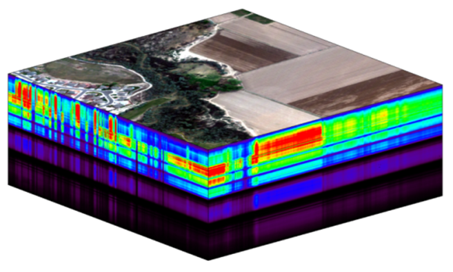 Three-dimensional screen capture of a satellite image with layers of different types of data stacked into a cube