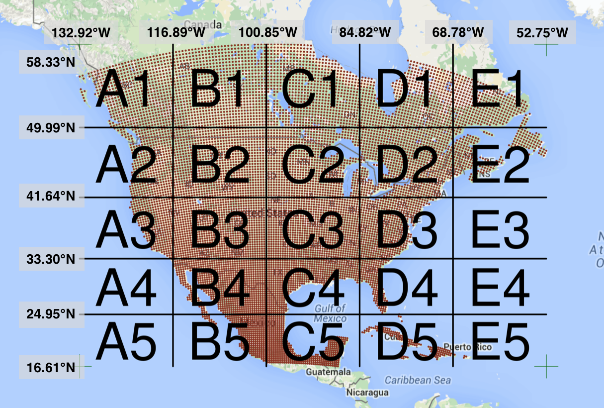 Map of North America divided into 25 equally-sized squares