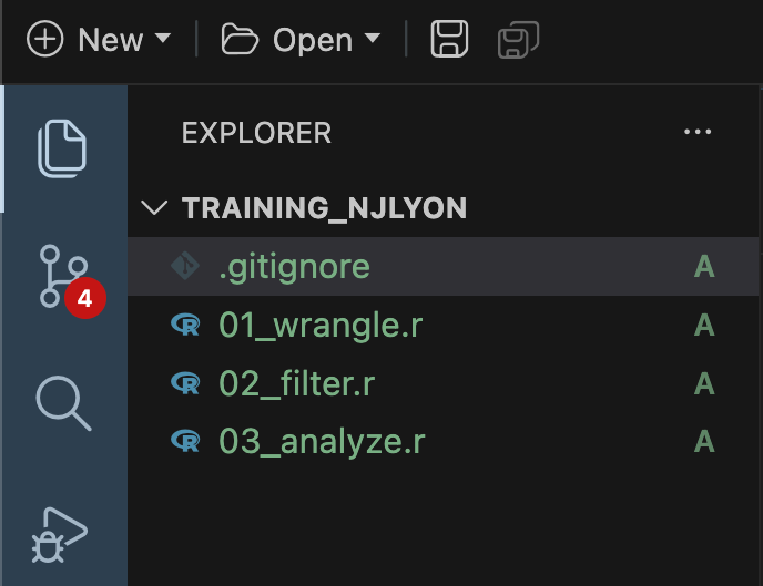 Screen capture of Positron's 'explorer' tab where all untracked files are staged