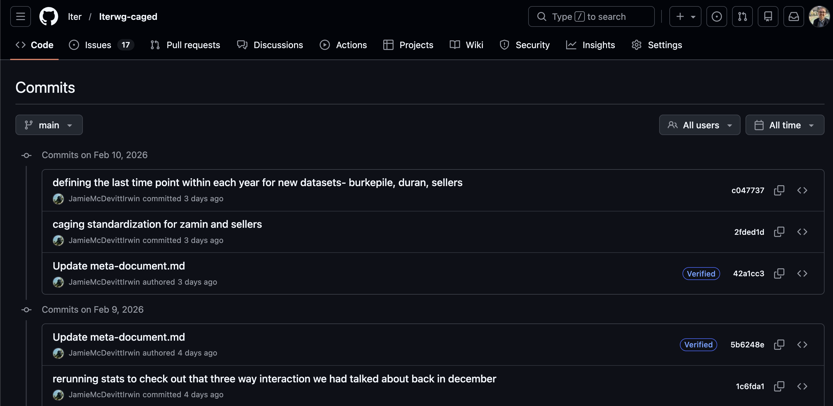 Screen capture of a GitHub repository's page showing the history of the commits in the repository