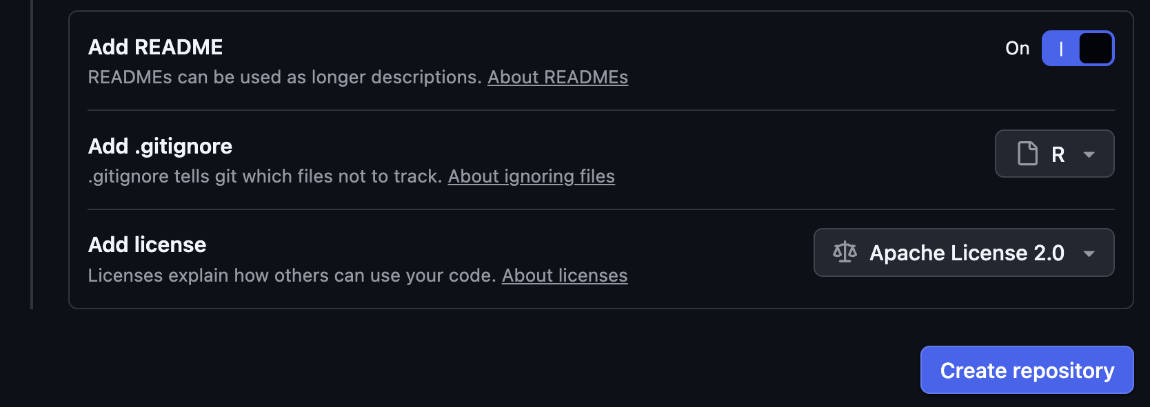 Screen capture of the bottom half of the page on GitHub that allows a user to create a new repository