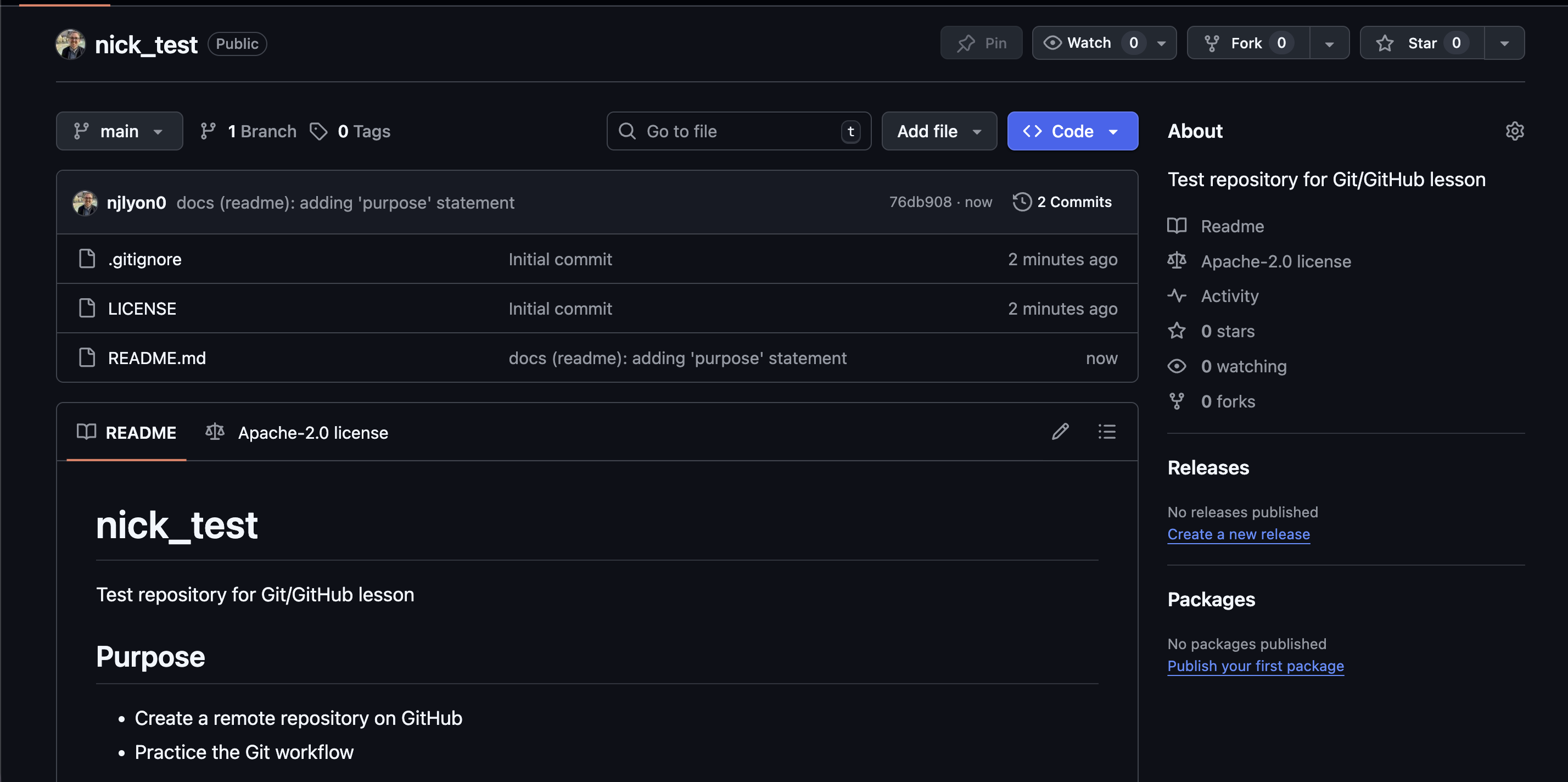 Screen capture of the landing page of a GitHub repository after the README has been edited to include non-template content