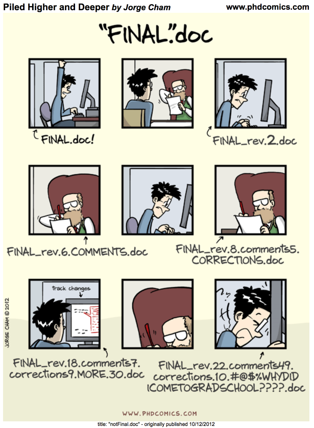Comic of a grad student naming a document 'final' before needing to iteratively revise resulting in a series of progressively less interpretable 'final' filenames