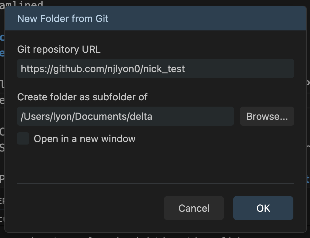 Screen capture of Positron's dialogue menu for cloning a new repository from GitHub