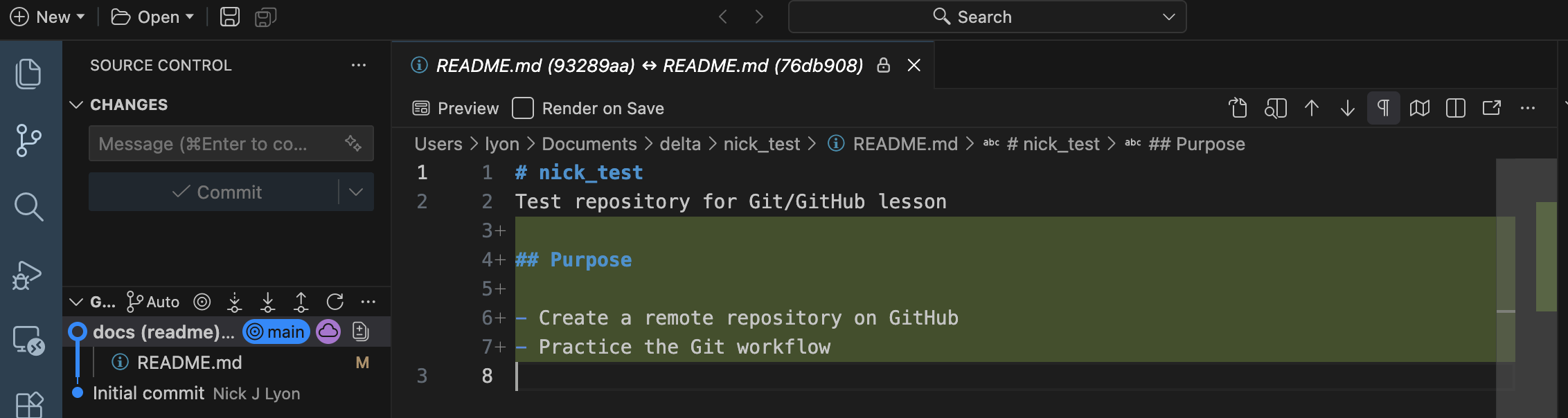 Screen capture of Positron's 'source control' pane with the 'diff' of the README from a particular commit opened