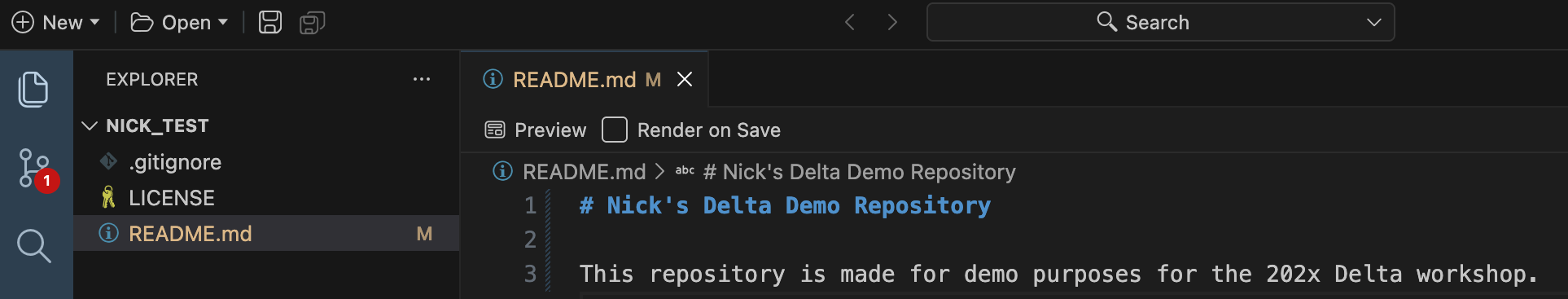 Screen capture of Positron with the README file opened and Git it is flagging it as having been modified