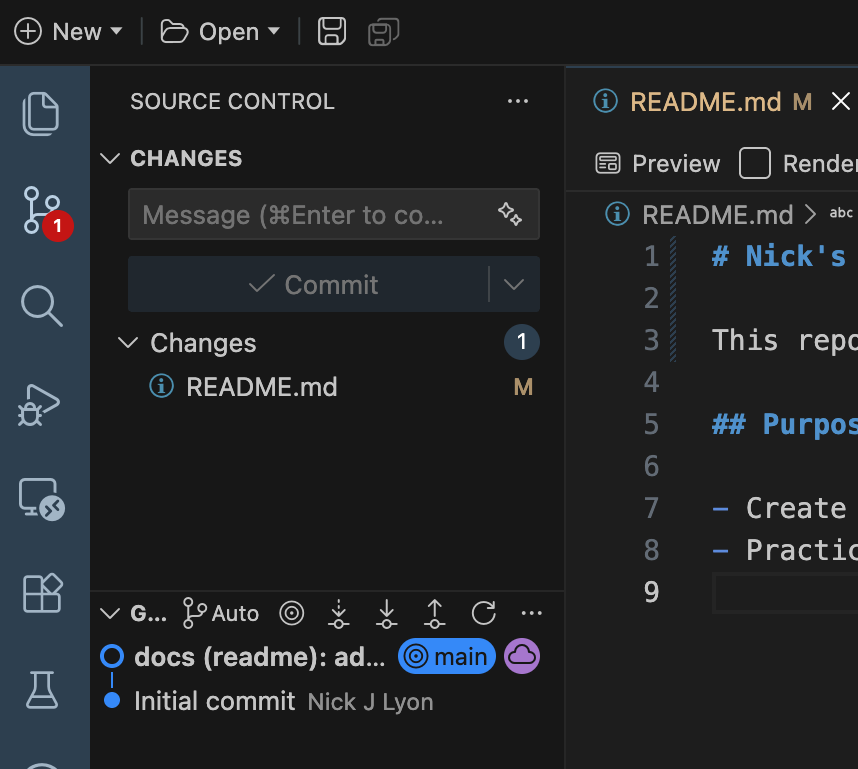 Screen capture of Positron's 'source control' tab with the README file listed under the 'changes' heading