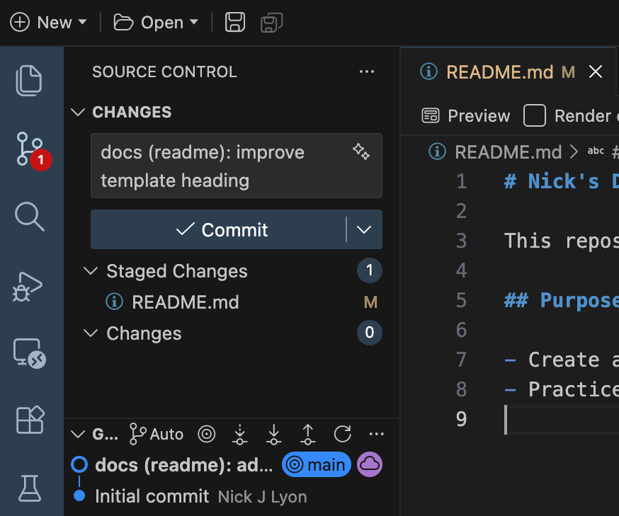 Screen capture of Positron's 'source control' tab with the README file listed under the 'staged changes' heading and an informative commit message in the respective text field