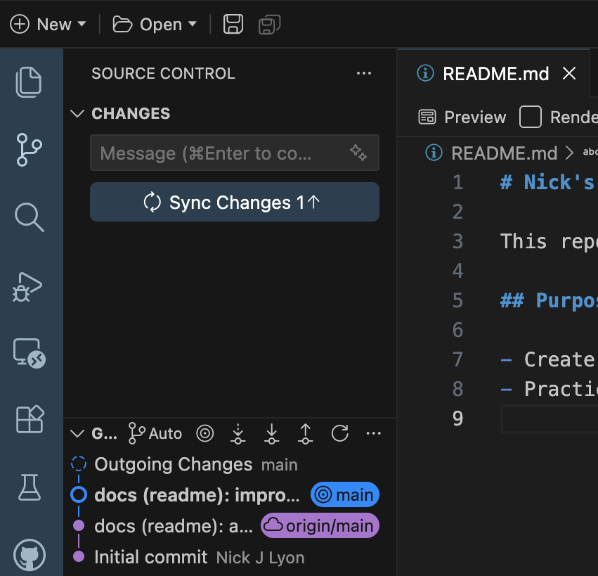 Screen capture of Positron's 'source control' tab with the README file listed under the 'changes' heading