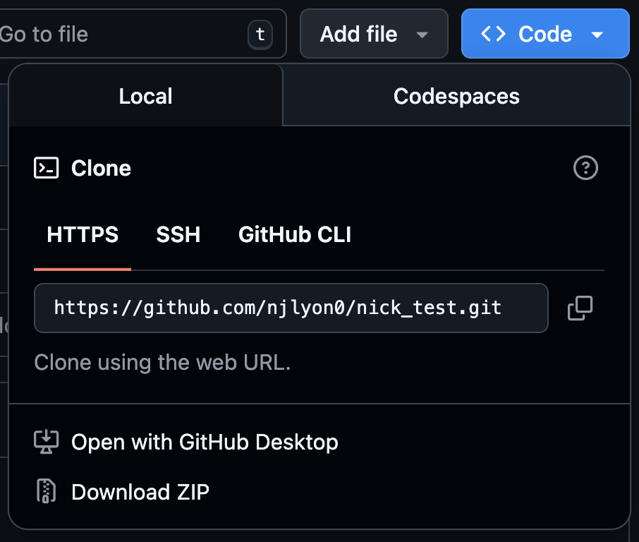 Screen capture of the menu that appears in a GitHub repository when you click the 'Code' button