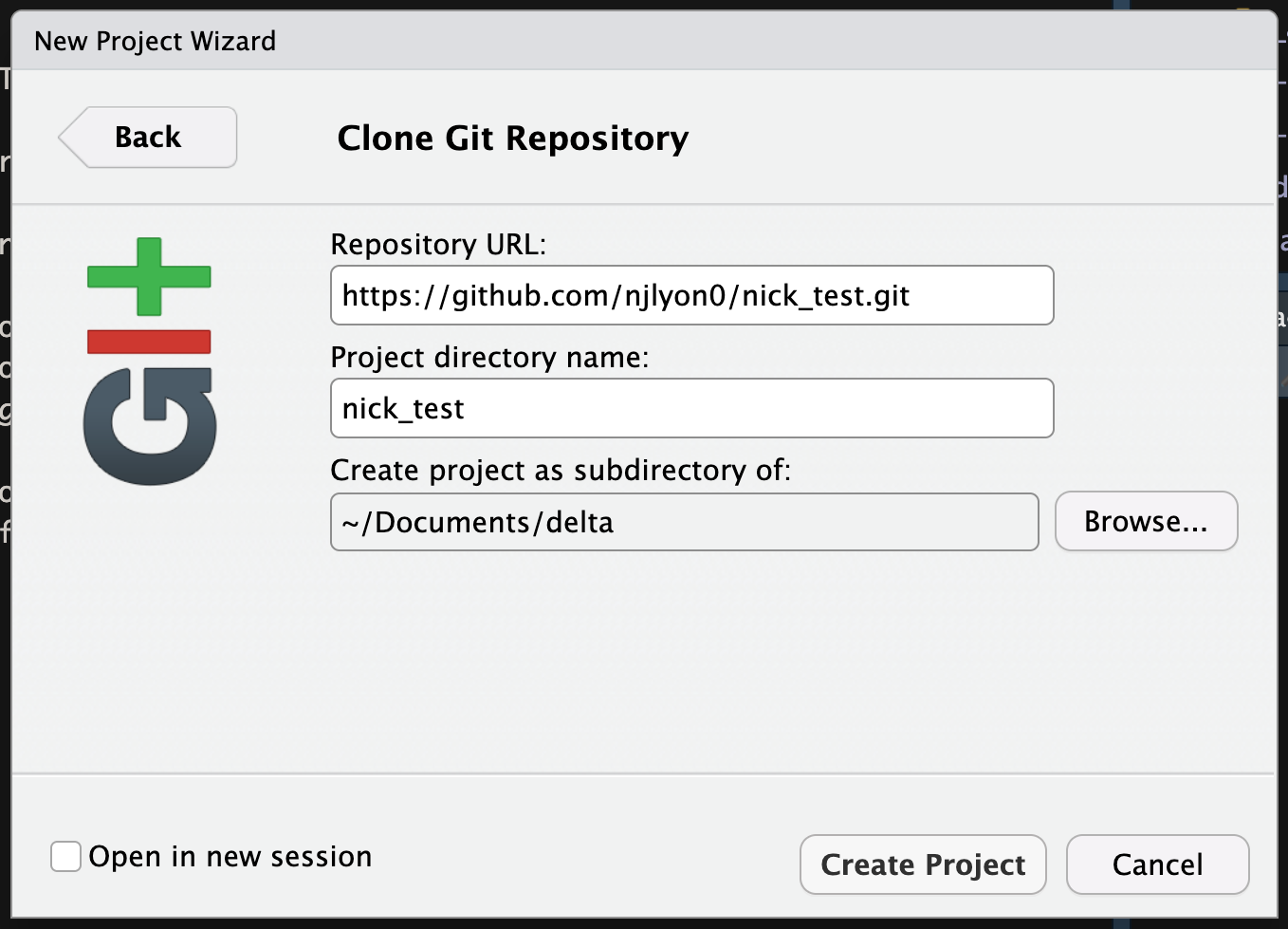 Screen capture of the final dialog window in RStudio when cloning a new repository