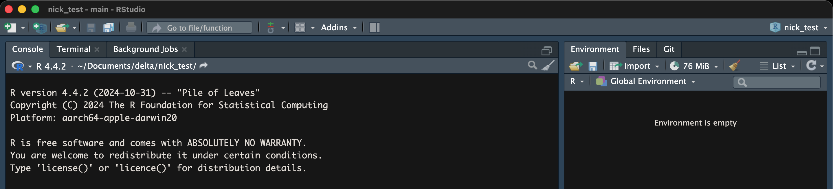 Screen capture of the RStudio when in a project that is version-controlled