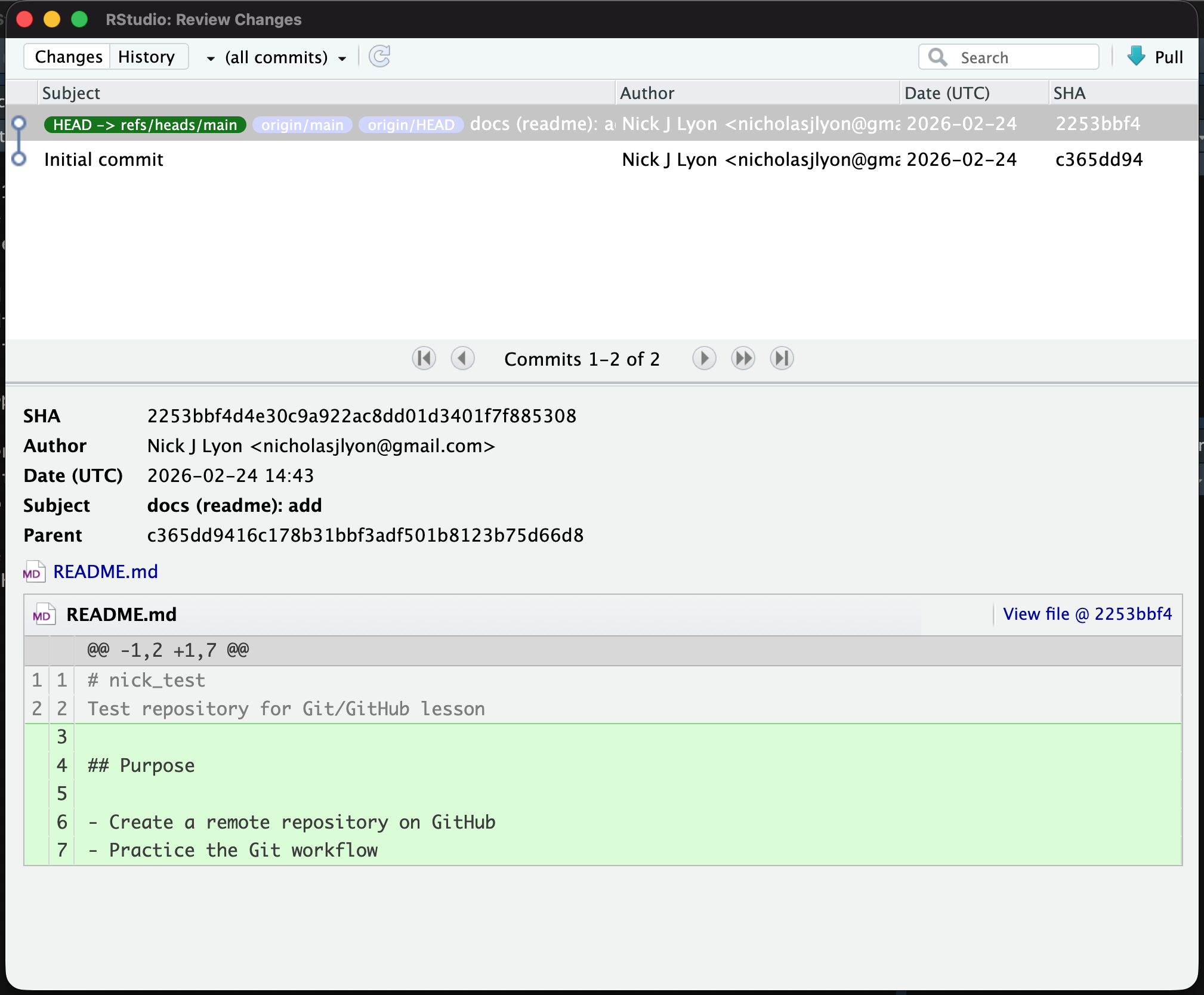 Screen capture of RStudio's commit history window with two commits on the repository