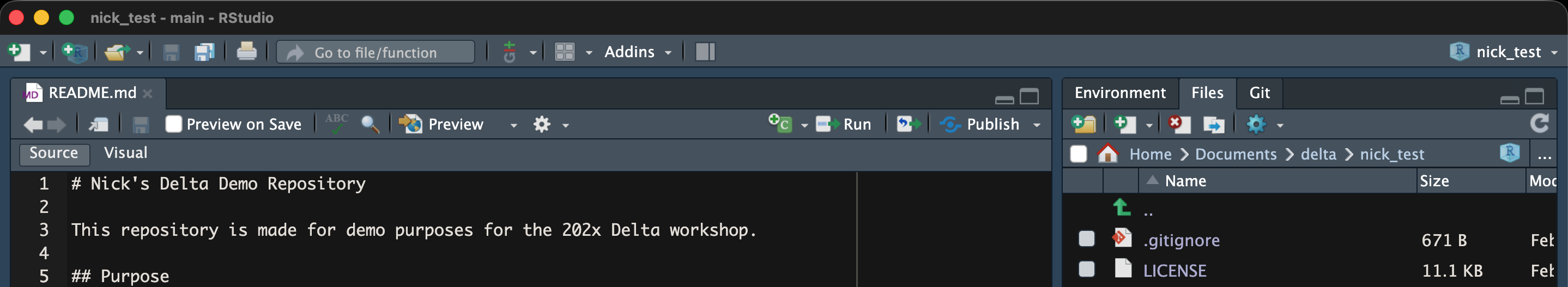 Screen capture of RStudio with the README file opened