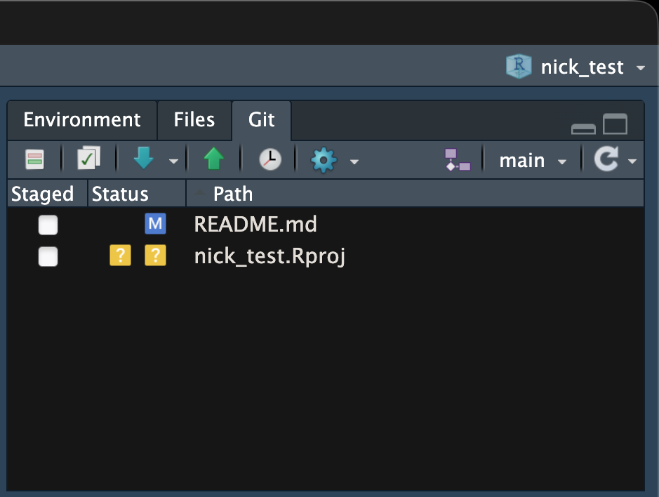 Screen capture of RStudio's 'Git' pane with the README file listed next to blue capital 'M'