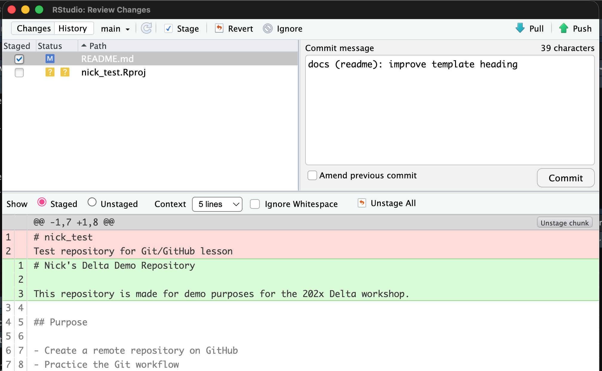 Screen capture of RStudio's commit menu with the README file staged and an informative commit message in the respective text field