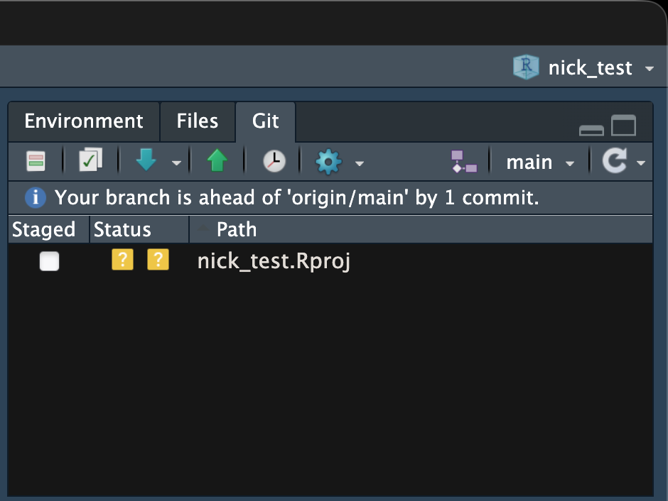 Screen capture of RStudio's 'Git' pane showing that the local repository is one commit ahead of the remote